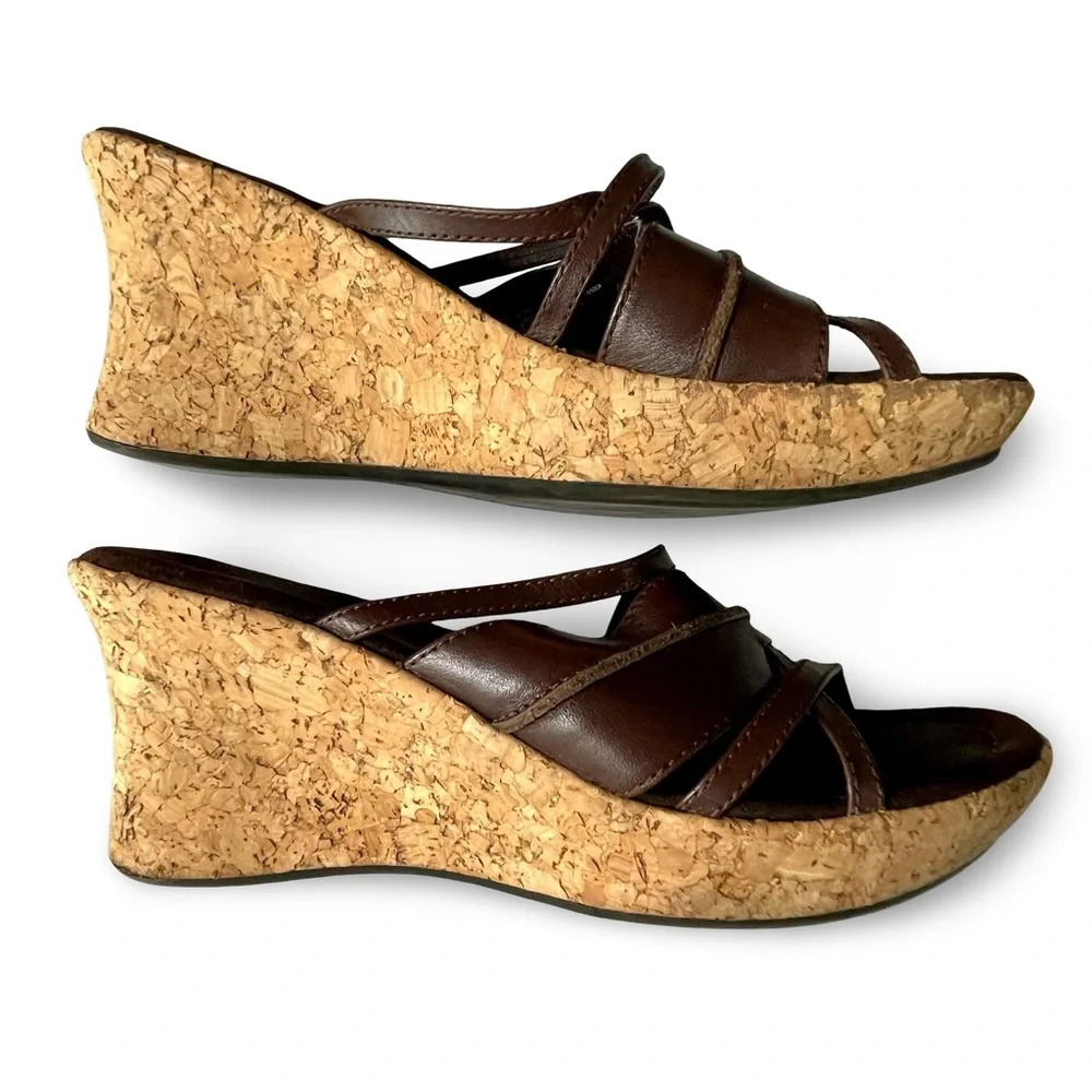 Bass Chianti Strappy Brown Leather Cork Slip-on Wedge Sandals Sz8 - Picture 2 of 9